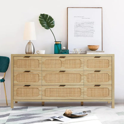 9 Drawer Dresser with Rattan Finish, Modern Farmhouse