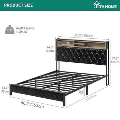 Platform Bed Frame with Bookcase Headboard