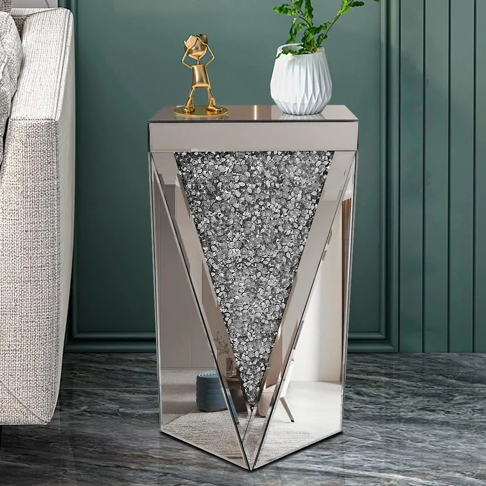 Mirrored End Table, Crystal Inlay Side Table