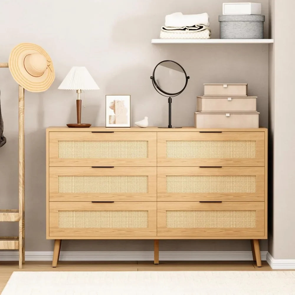 Natural Rattan Dresser for Bedroom with 6 Drawers