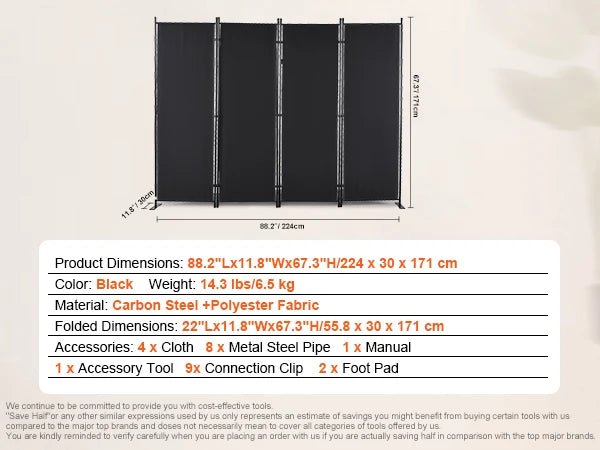 VEVOR 4 Panel Room Dividers Adjustable In Size and Height