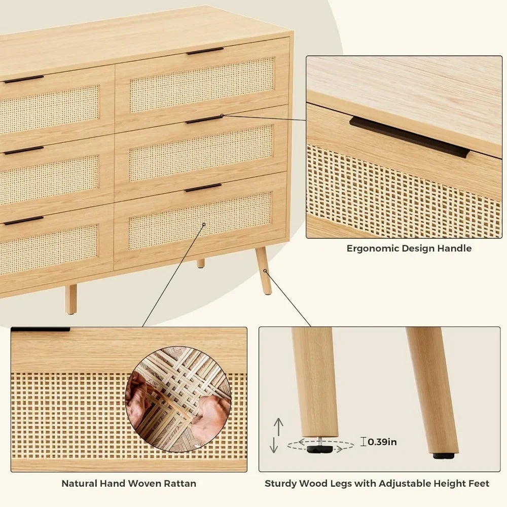 Natural Rattan Dresser for Bedroom with 6 Drawers