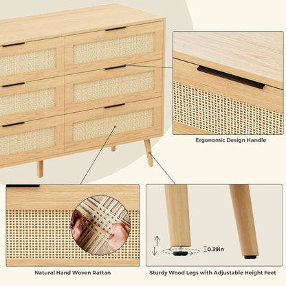 Natural Rattan Dresser for Bedroom with 6 Drawers