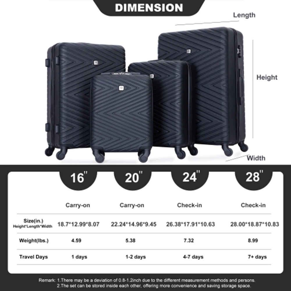 4-Piece ABS Suitcase W/Spinner 24" and 28" W/TSA Lock