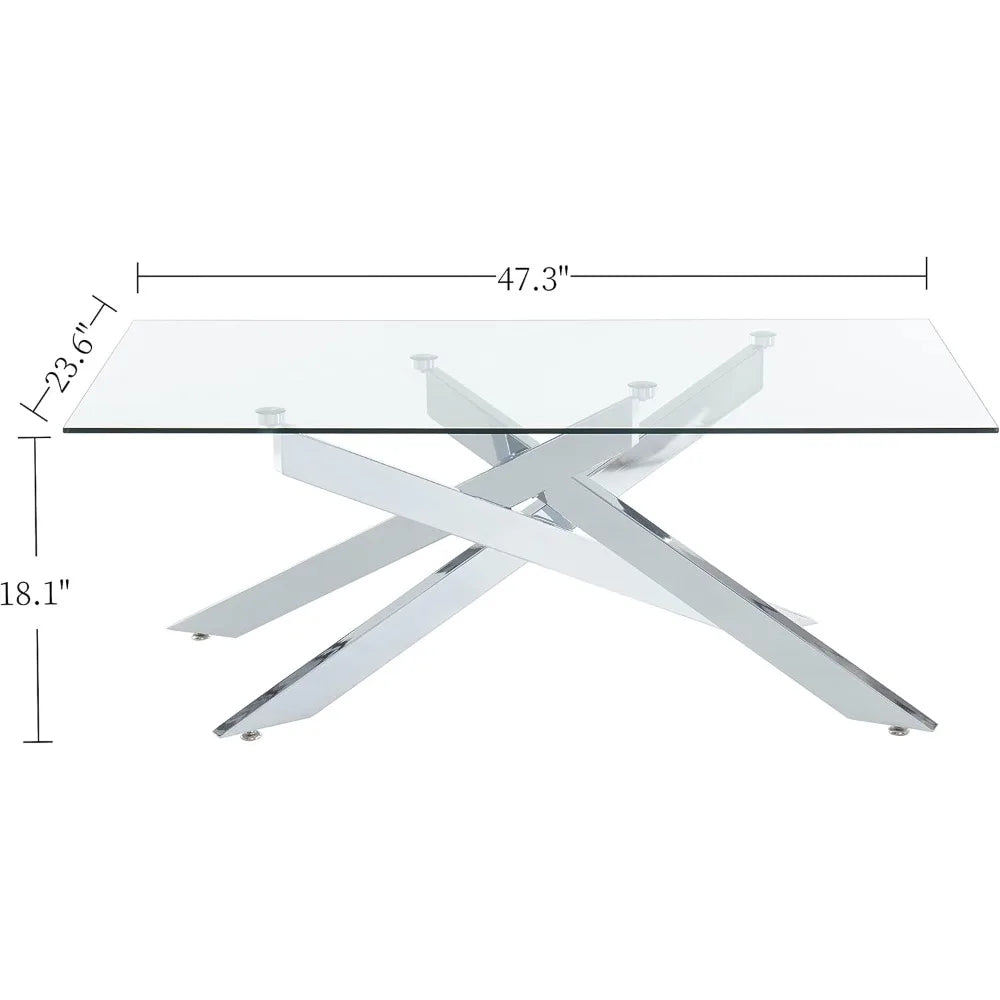 Coffee Table, Tempered Glass, Metal Leg, 47.3”Lx23.6”Wx18.1”H, Silver