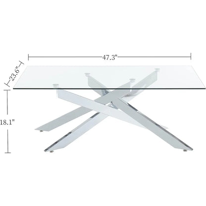 Coffee Table, Tempered Glass, Metal Leg, 47.3”Lx23.6”Wx18.1”H, Silver