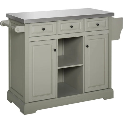 Rolling Kitchen Island W/Storage Stainless Steel Top