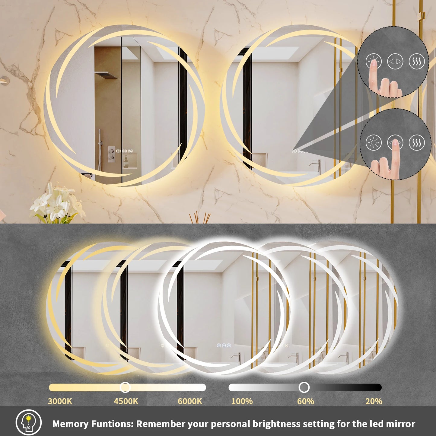 Anti-fog LED Round Bathroom Mirror Backlit