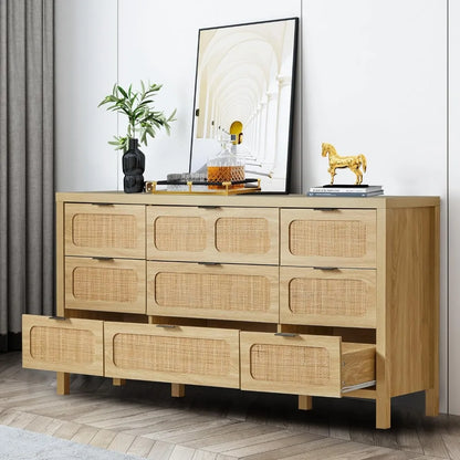 9 Drawer Dresser with Rattan Finish, Modern Farmhouse