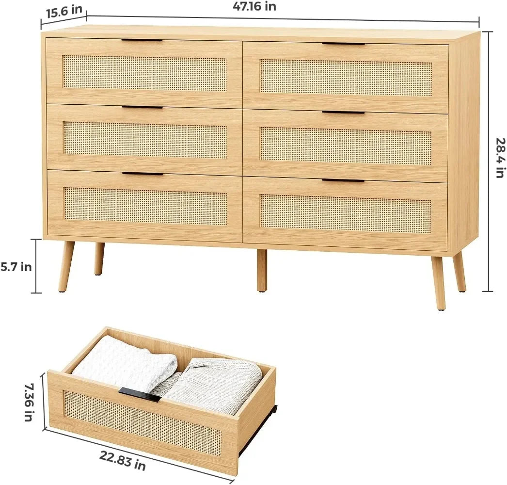 Natural Rattan Dresser for Bedroom with 6 Drawers