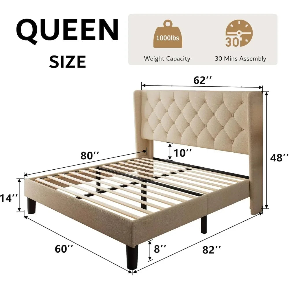 Queen Bed Frame with Diamond Button Tufted Headboard