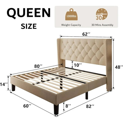 Queen Bed Frame with Diamond Button Tufted Headboard