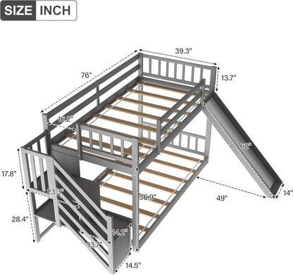 Solid Wood Low Bunk Bed Gray