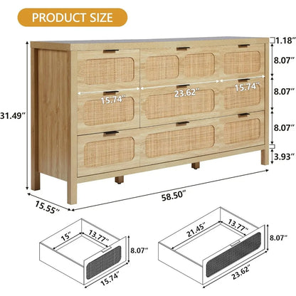 9 Drawer Dresser with Rattan Finish, Modern Farmhouse