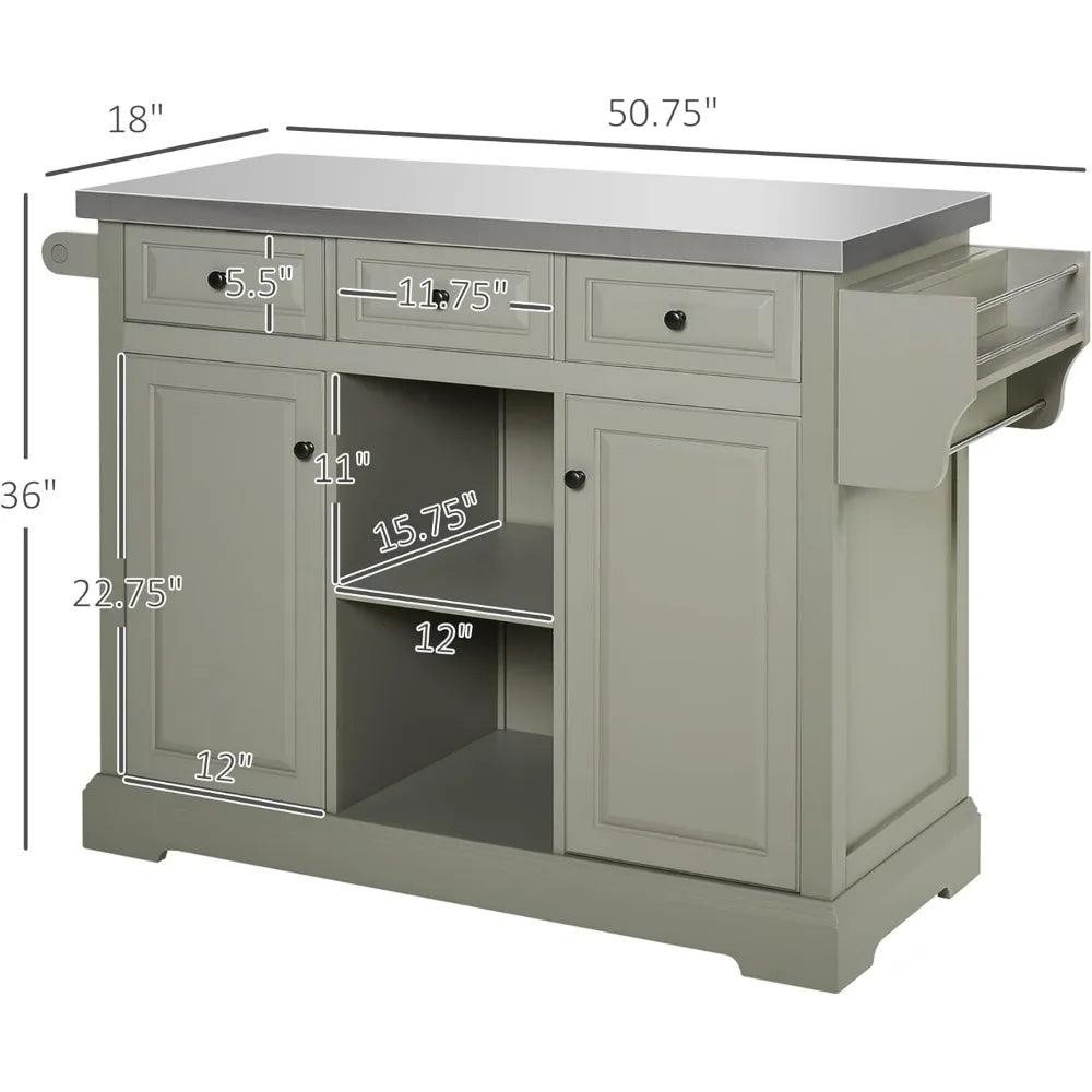 Rolling Kitchen Island W/Storage Stainless Steel Top