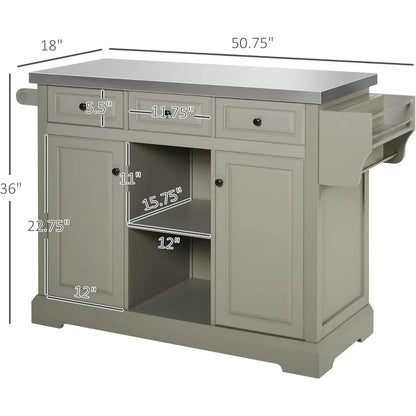 Rolling Kitchen Island W/Storage Stainless Steel Top