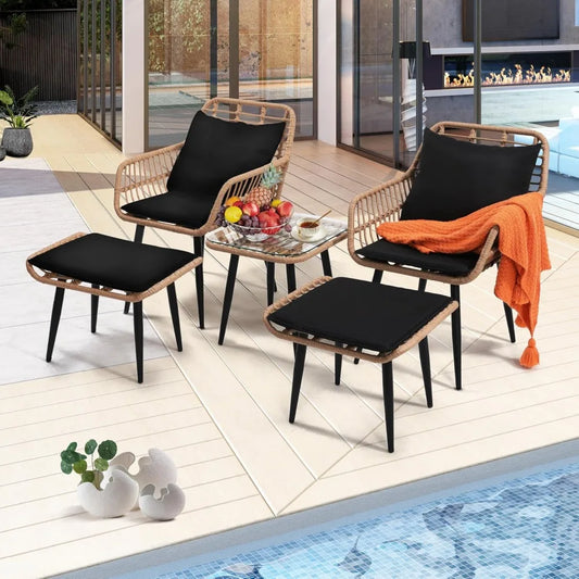 2 Outdoor P.E. Wicker Chairs with Ottoman & Side Table