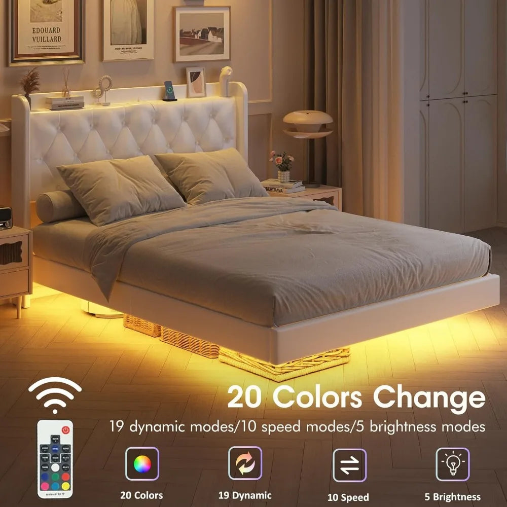 Full Size Floating Bed Frame With LED Lights