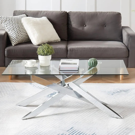 Coffee Table, Tempered Glass, Metal Leg, 47.3”Lx23.6”Wx18.1”H, Silver