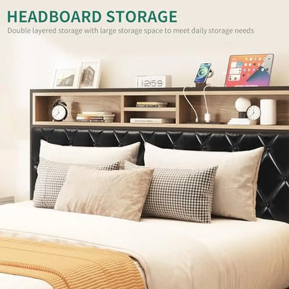 Platform Bed Frame with Bookcase Headboard